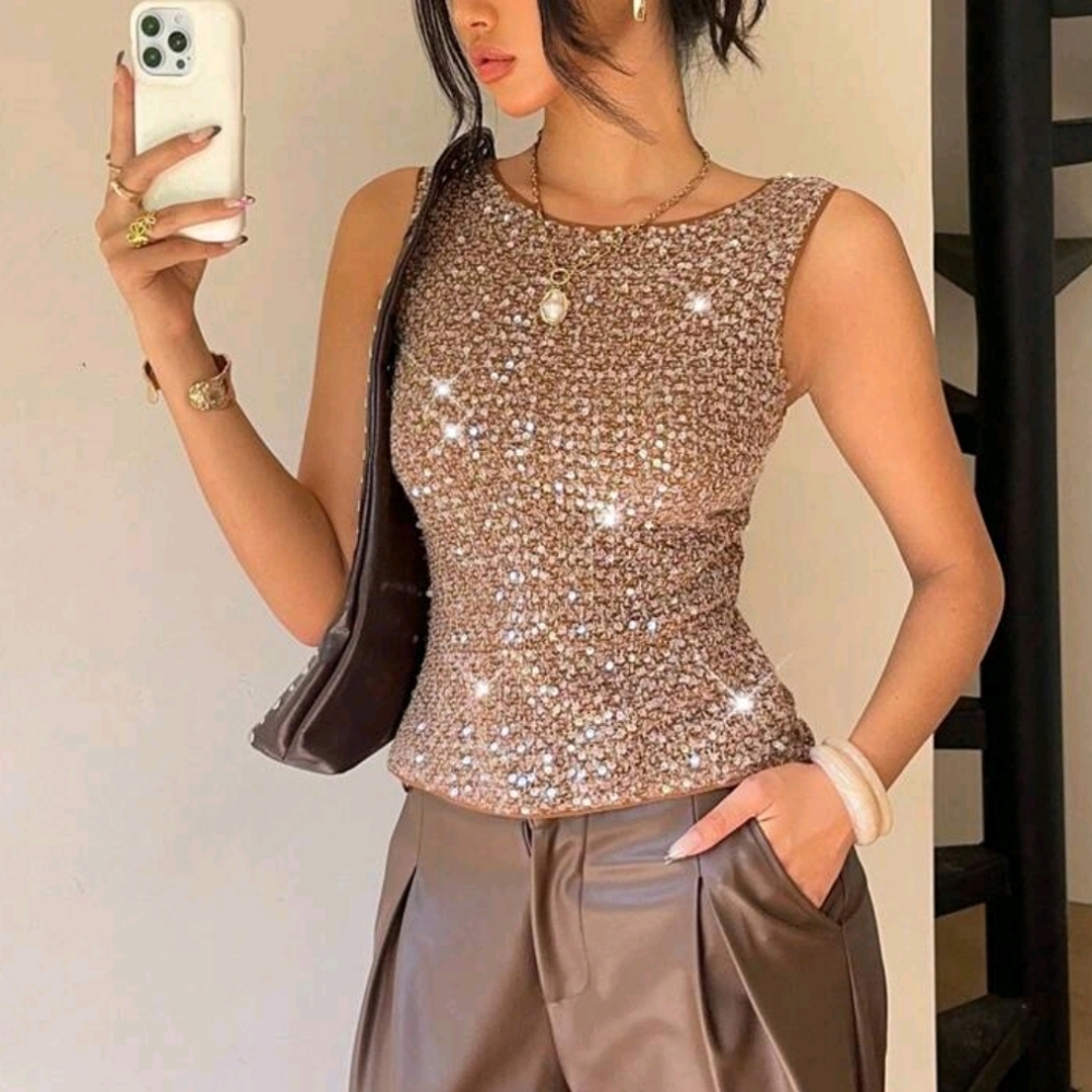 Autumn  Sequin Top Sparkly Top Going Out Tops Women's Round Neck Sequin Tank Top